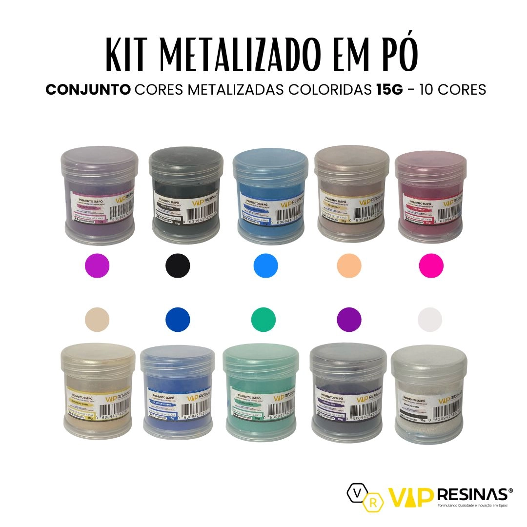 Kit 10 Pigmentos Epóxi Em Pó P/resinas Cores Shiny 15g cada Vip Resinas
