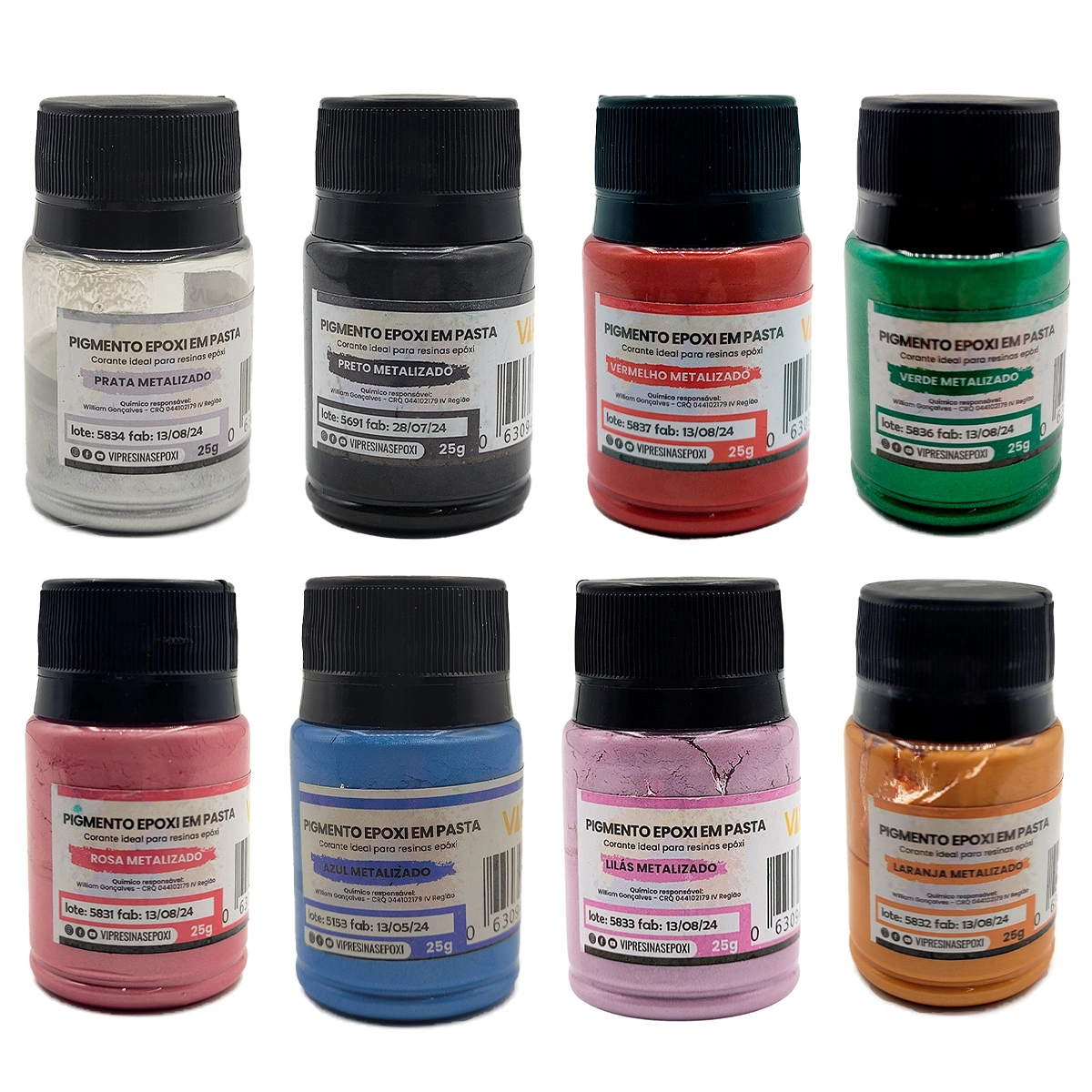 Kit 8 Pigmento Epóxi Pasta Metalizadas Coloridas Resina 25g