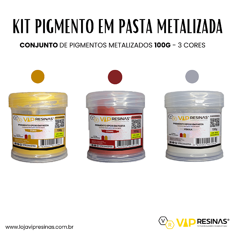 Kit 3 Pigmento Epóxi P/Resina 100g Cor Metalizada Vipresina Kit 3 Pigmento Epóxi P/Resina 100g Cor Metalizada Vipresina