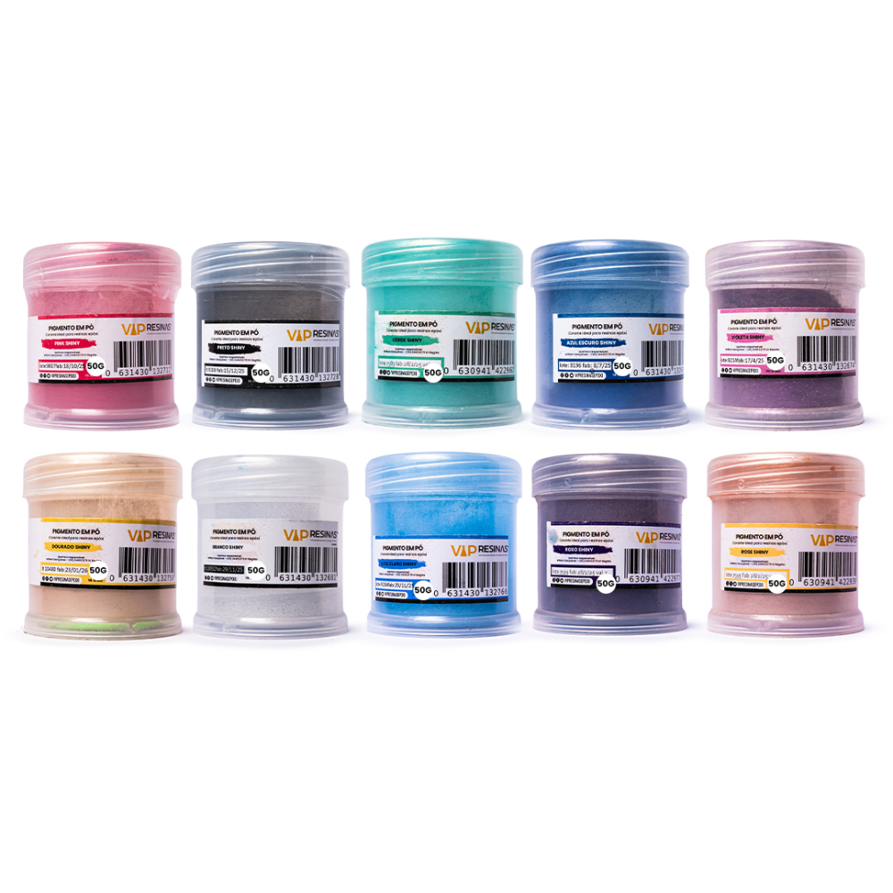 Kit 10 Pigmentos Epóxi Em Pó P/resinas Cores Shiny 50g cada Vip Resinas