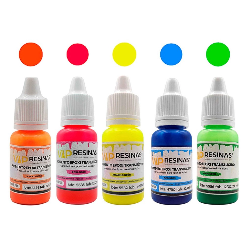 Kit 5 Cores Pigmento Epóxi Translúcido Neon 10g Vip Resinas