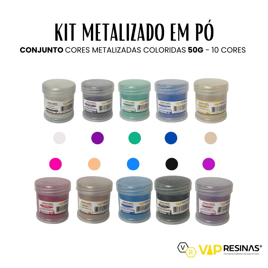 Kit 10 Pigmentos Epóxi Em Pó P/resinas Cores Shiny 50g cada Vip Resinas